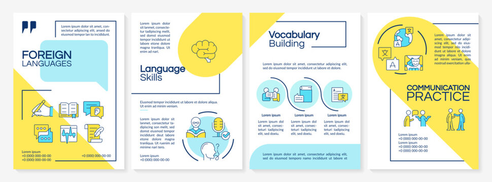 Cross cultural communication pathways blue and yellow brochure design template. Verbal skill development. Language acquisition strategies. Multi-page vector layout. A4 flyer with colored line icons