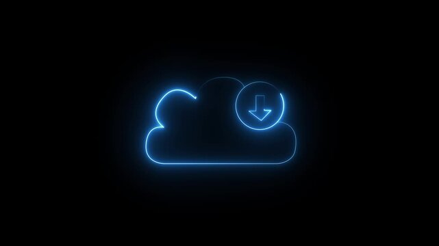 Cloud computing icon animation displays a downward download arrow on dark. Remote file storage data transmission telemetry routes on cloud icon. Systems use cloud icon.