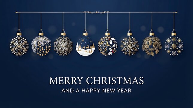 Hanging christmas ornaments on blue background with greeting text