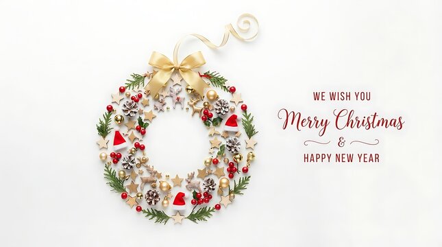 Christmas wreath made of ornaments isolated on white background