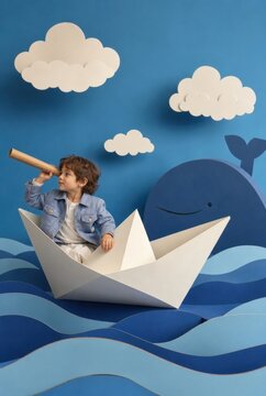 Child sailing paper boat with whale and clouds