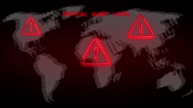 Critical alert animation displays emergency danger signals on world map. Tracking crisis data routes on critical alert. Consoles operate with critical alert online.