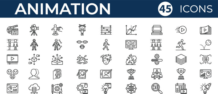 Animation and motion design line icons set including storytelling video editing puppet skeleton walk cycle transition special effects and storyboarding.