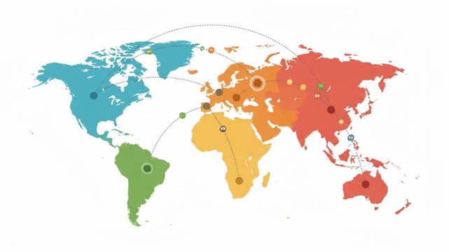 Colorful animated world map showing global communication networks and connecting data lines in motion video footage