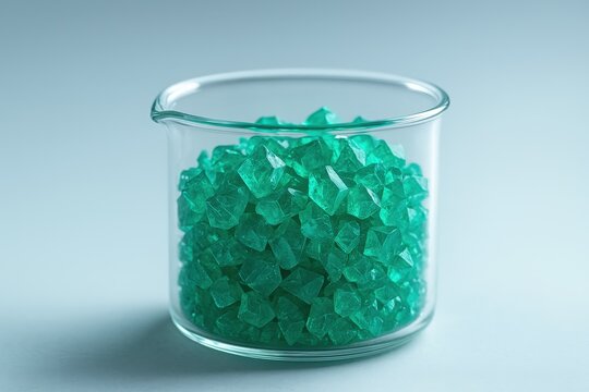 Copper sulfate crystals chemical reagent in glass laboratory beaker for industrial synthesis and testing 