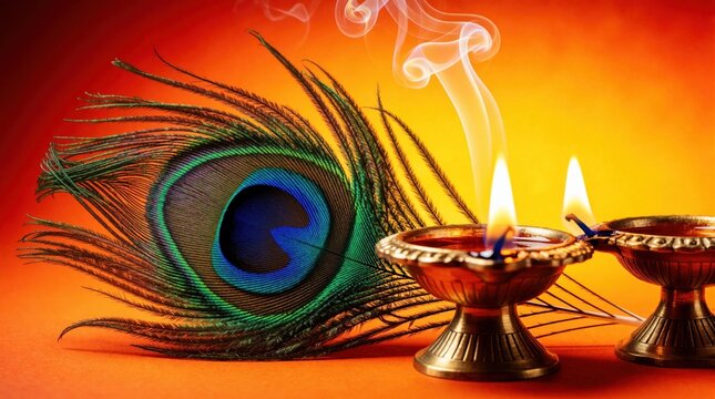Lit oil lamp diya with peacock feather for Diwali festival. Traditional Indian brass lamp glows with warm flames, smoke. Colorful feather rests near burning candle during Hindu celebration of light,