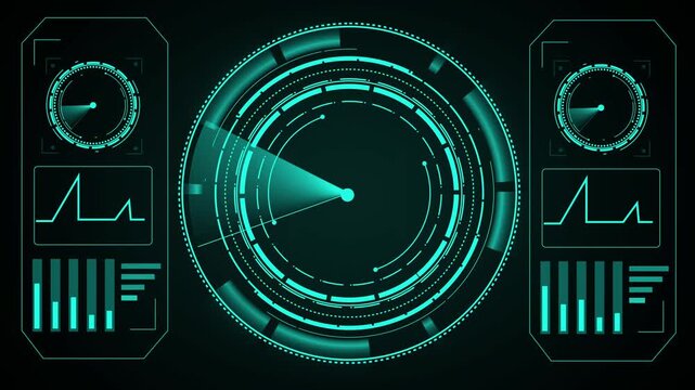 HUD display animation integrates radar scopes and financial data graphs. Tracking data coordinates guide HUD display. Dashboard consoles operate with HUD display.