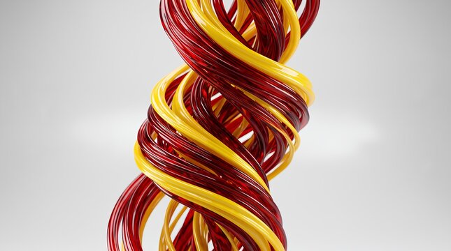 Close up of twisted red and yellow cables in a spiral formation.