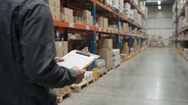 Footage of worker checking inventory list on clipboard inside a large logistics warehouse
