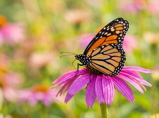 Obraz premium Monarch butterfly resting on a pink coneflower in a garden.