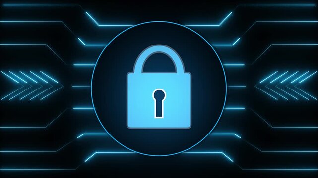 Circuit board pattern animation centers a locked padlock with arrows. Cybersecurity data protection telemetry routes on circuit board pattern. Defenses run on pattern.