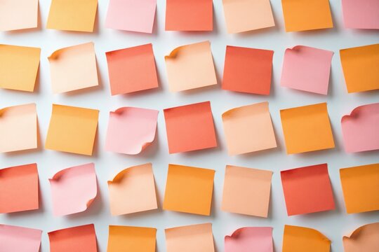 Patr&oacute;n continuo de docenas de notas adhesivas en blanco en tonos c&aacute;lidos naranja, coral y melocot&oacute;n, dispuestas en una cuadr&iacute;cula inclinada y l&uacute;dica con rotaciones variadas