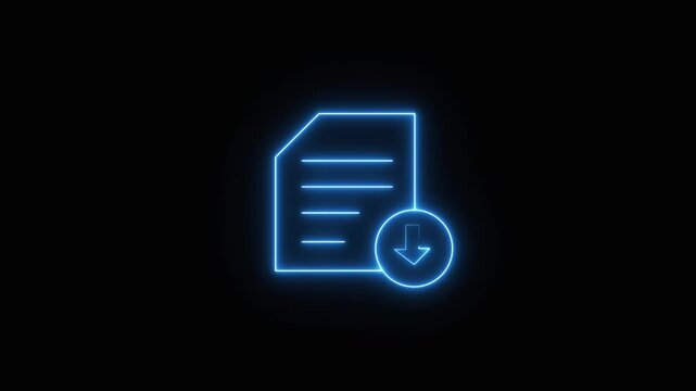 Document icon animation displays an active downward download arrow on dark. Digital file data transfer telemetry routes through document icon. Databases use document icon.