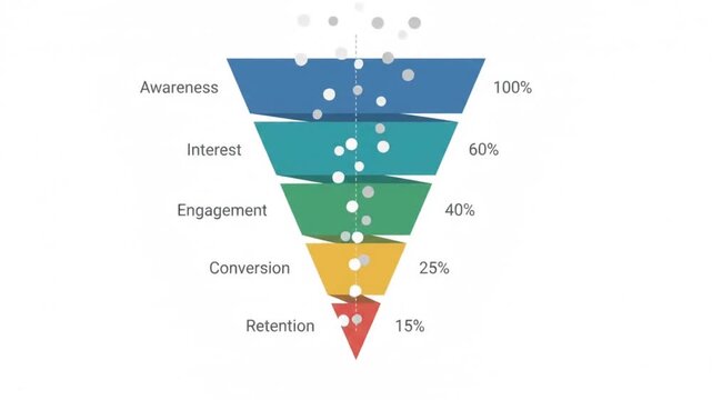 Marketing funnel stages graphic animation showing awareness and conversion percentages with motion video clip elements
