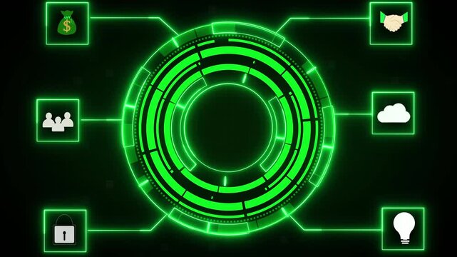 HUD animation displays business icons for currency and data security. User interface data coordinates guide HUD. Technology dashboard consoles operate with HUD.