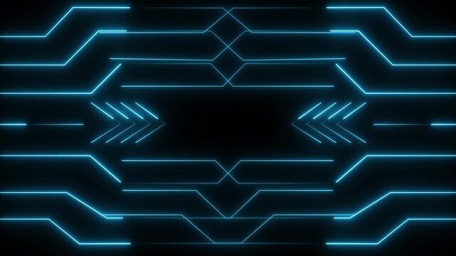 Tech pattern animation displays geometric circuit lines on dark space. Electronic computing telemetry coordinates guide active tech pattern. Hardware suites use pattern.