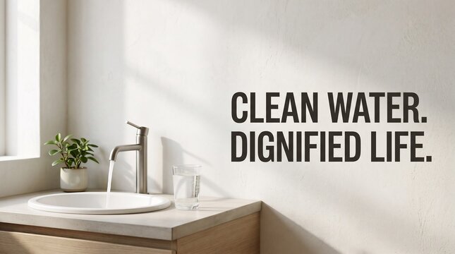 A modern bathroom sink faucet pouring clean water with a glass nearby and motivational text on the wall