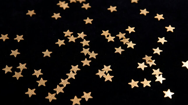 Golden star confetti scattered on black background.