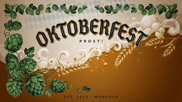 Bavarian Oktoberfest Vector Banner with Green Hops Border Foaming Beer Wave and Golden Wheat Ears