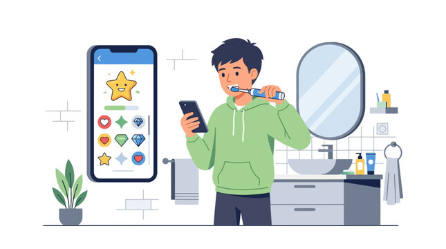 Teenage boy brushing teeth with smart electric toothbrush and gamified mobile app in bathroom flat vector illustration.