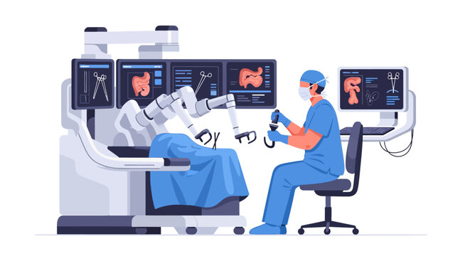 Surgeon operating advanced robotic surgical system for precision medical procedure in modern hospital flat vector illustration