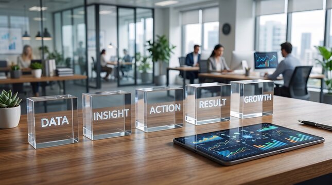 Transparent glass blocks with business concepts arranged on a wooden office desk with a digital tablet