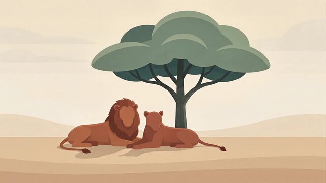 wide angle vector illustration lion couple resting under tree shade in african savanna