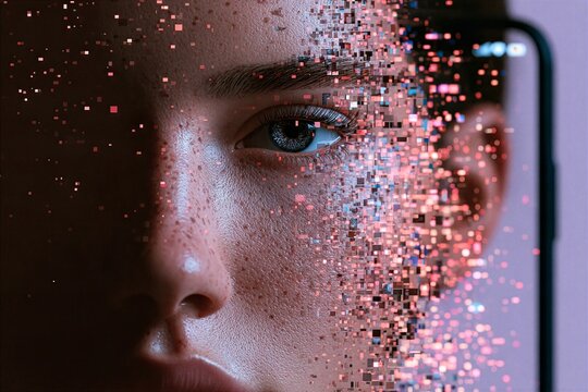 Digital portrait of AI virtual influencer with pixelated face effect