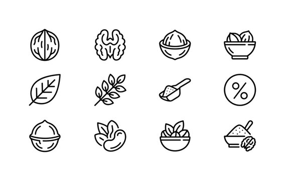 Walnut Healthy Food, line icon set featuring whole walnut, walnut half, nut shell, nut bowl, leaf, autumn branch, ingredient scoop, nutrition symbol, covering walnut, organic snack, healthy food,