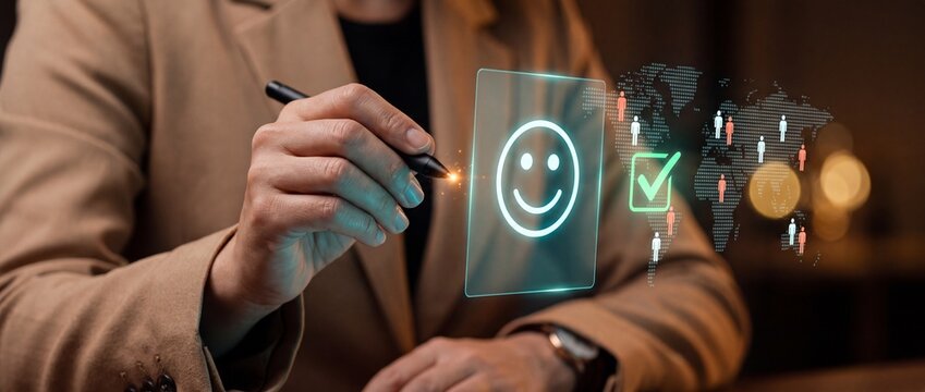Businessman using a stylus on a virtual screen with a smiling face icon, representing customer satisfaction, global user feedback, and excellent service experience