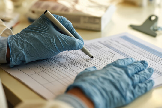 Close-up of hands in blue gloves writing on a technical form in a scientific environment, embodying dedication and attention to detail in research and quality assurance.