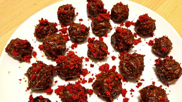 Nut and date balls with dried strawberry crumbs make a wholesome homemade snack