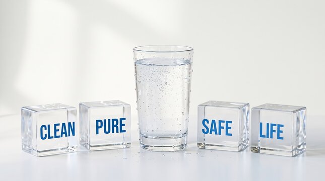 A clear glass of fresh water standing between transparent cubes with words on a white table