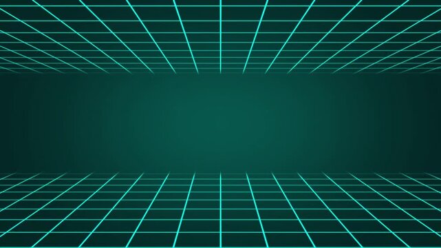 Grid floor animation displays perspective architectural planes on dark. Cyberspace visual telemetry coordinates guide active grid floor. Virtual studio suites use floor.