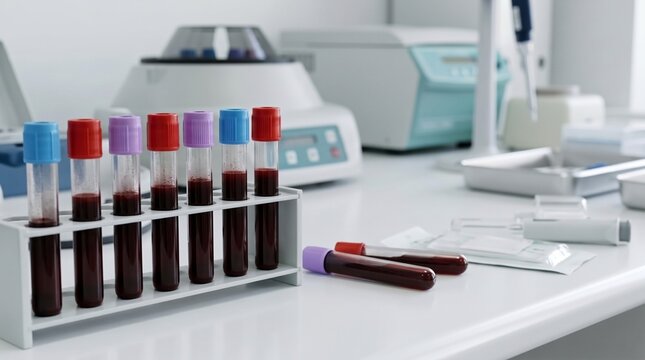 Laboratory testing tubes with blood samples on a clean workspace  