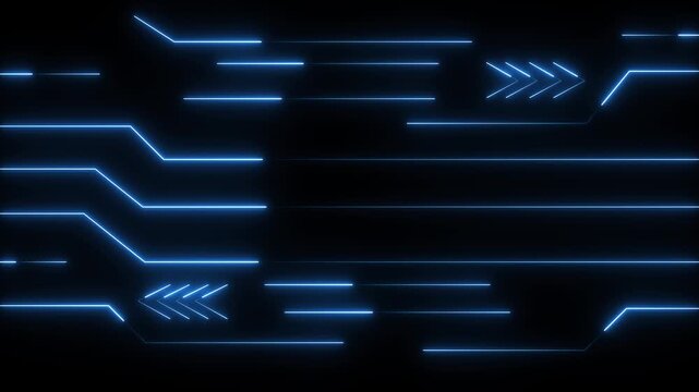 Circuit board lines animation displays directional arrows on dark. Electronic computing hardware telemetry routes on circuit board lines. Hardware systems run lines.