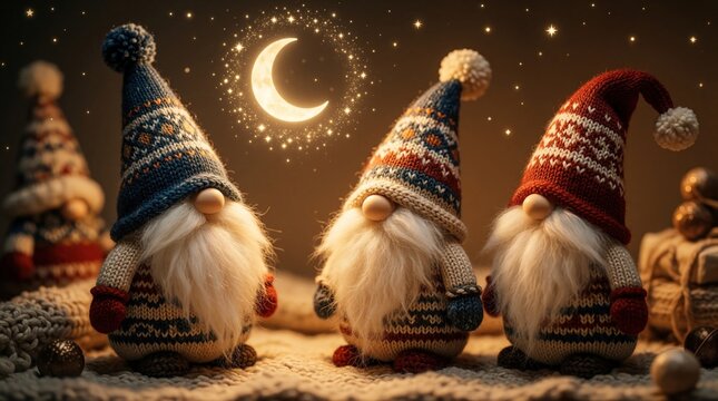 Three cute Nordic gnomes with long white beards wear colorful knitted hats. Small fantasy creatures sit under starry night sky with glowing crescent moon. Cozy winter holiday scene features soft warm