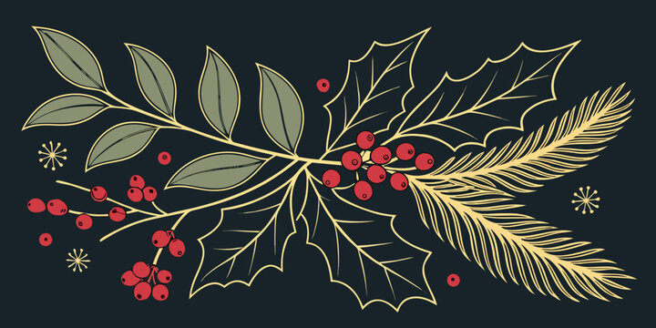 Vintage Christmas Botanical Illustration with Holly, Berries, and Pine