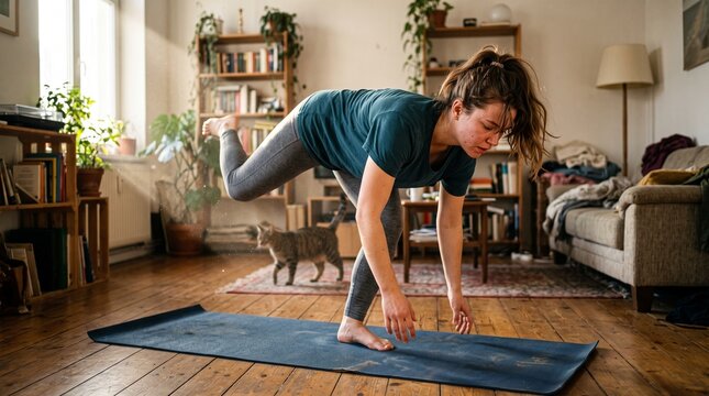 Young woman practicing yoga indoors stretching exercise and wellness mindfulness at home