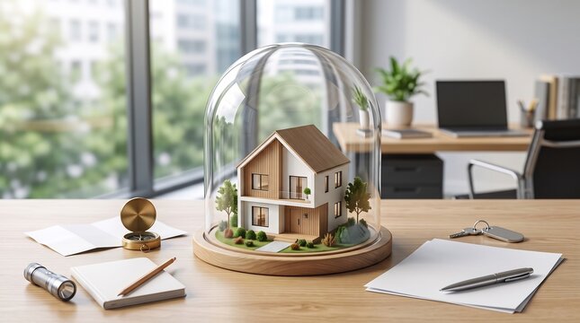 A miniature modern house model protected inside a glass dome on a wooden office desk with surrounded office supplies compass