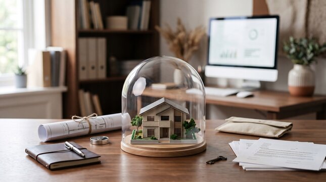 A small model house protected under a glass dome on a wooden office desk with business documents home office setting