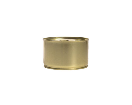 Gold-colored tin can isolated on white background. Closed metal container with brass finish for