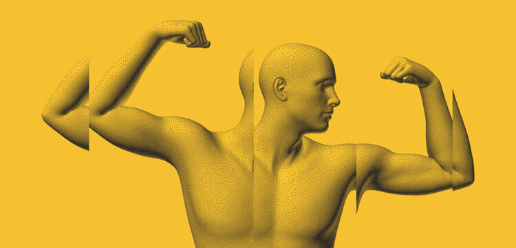Champion raising both hands in the air as a true winner. Victory and freedom. Strong man raising hands up. Sport symbol. Leadership or workout bodybuilding concept. Reflection and splitting. Vector.