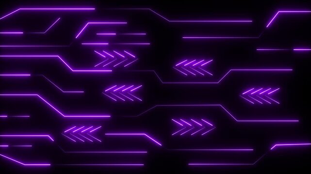 Circuit board lines animation displays directional arrows on dark. Electronic microprocessor hardware telemetry routes on circuit board lines. Hardware runs lines.