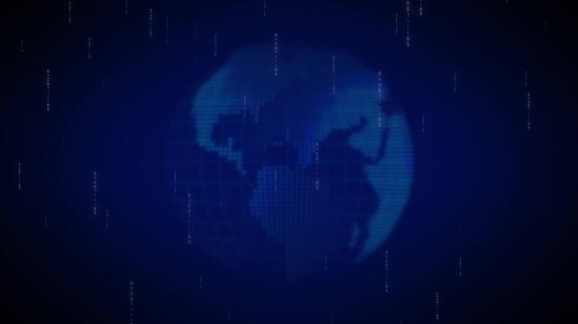 Digital globe animation displays vertical data streams across dark. Telecom network data coordinates guide digital globe. Surveillance consoles operate with globe.