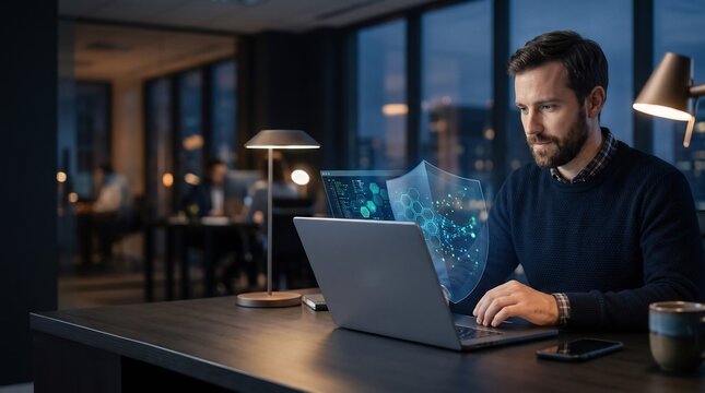 A bearded man working on a laptop with a digital security shield interface in a modern office