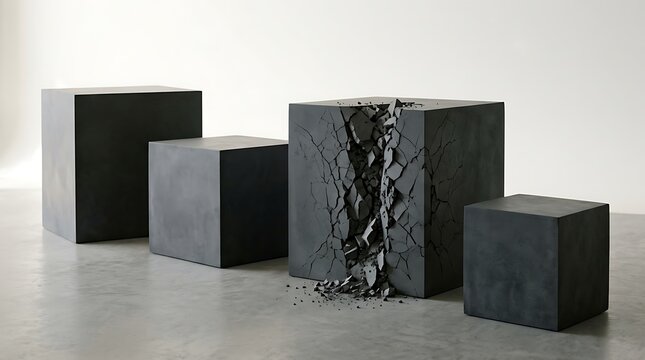 Black cracked stone cubes arranged on a minimalist grey studio floor
