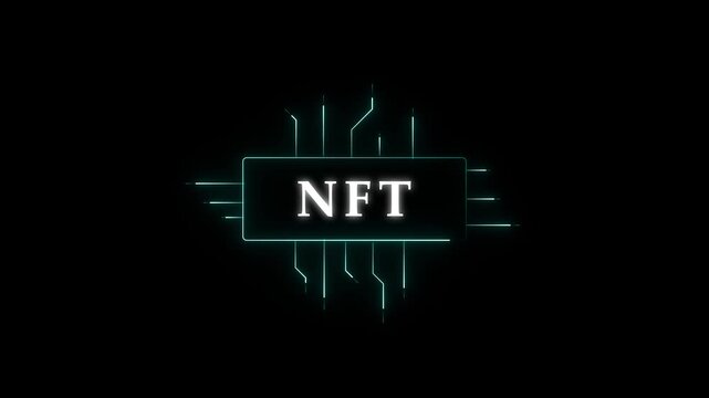 Circuit board frame animation displays NFT acronym typography on dark. Blockchain digital asset computing telemetry routes on frame. Hardware runs circuit board frame.
