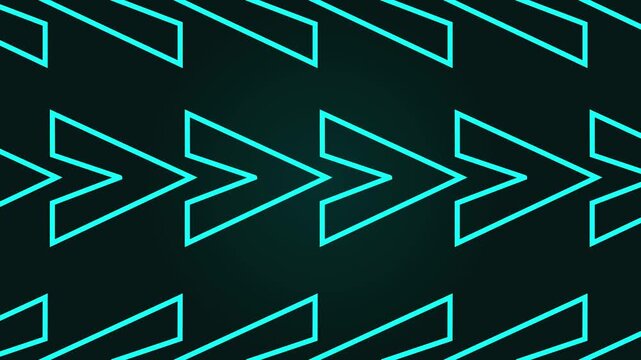 Arrow shapes animation displays a repeating directional sequence on dark. User interface navigation telemetry routes across arrow shapes. Movement guides shapes.