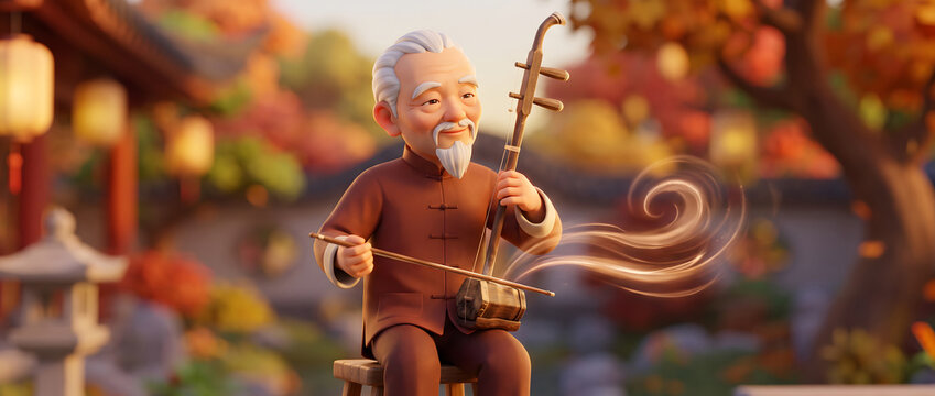 elderly man playing erhu in autumn courtyard with traditional chinese style
